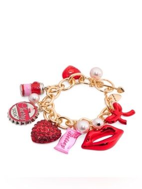NEW Betsey Johnson Love Spell Charm Bracelet Gold-Tone Red with Pearls